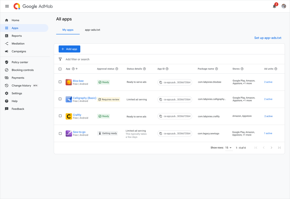 screenshot of Google AdMob